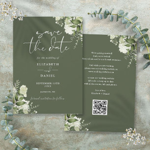 Save The Date Olive Green Floral Greenery QR Code Mariage