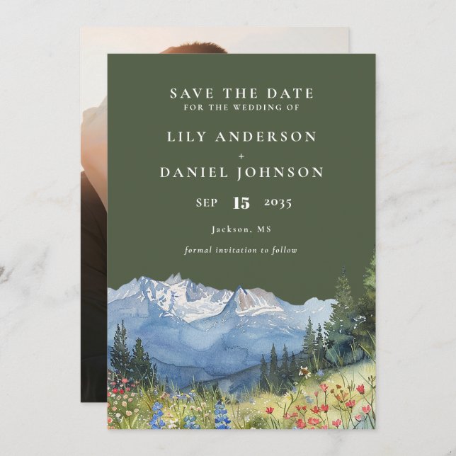 Save The Date Olive Green Watercolor Mountain Photo Wedding (Devant / Derrière)