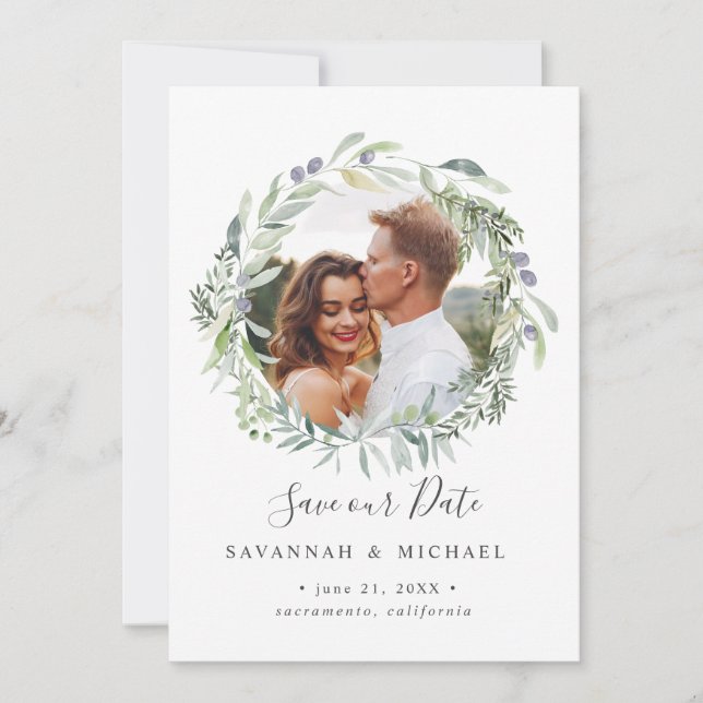 Save The Date Olive Wreath Photo mariage enregistrer la date (Devant)