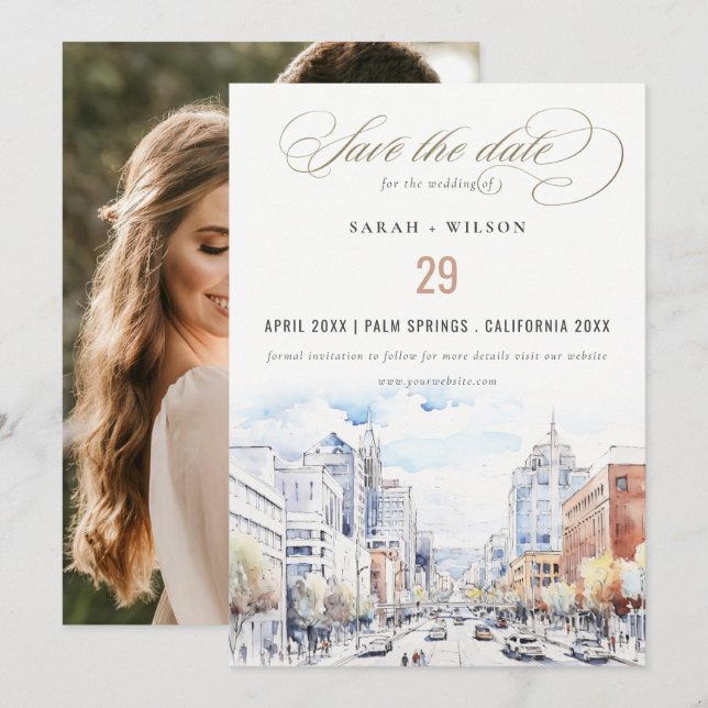 Save The Date Omaha Nebraska Watercolor Landscape Wedding Photo (Devant / Derrière)