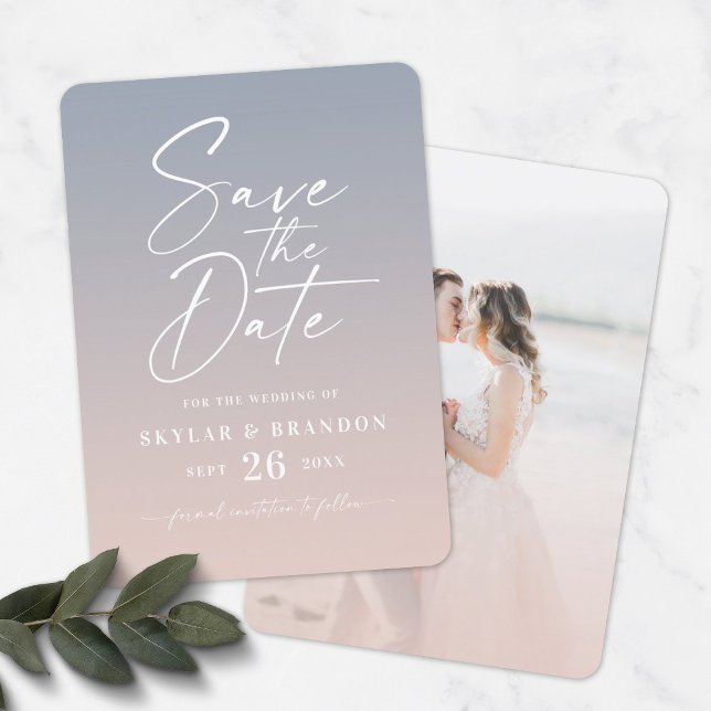 Save The Date ombre Pink & Blue with Script Photo Wedding (Créateur téléchargé)
