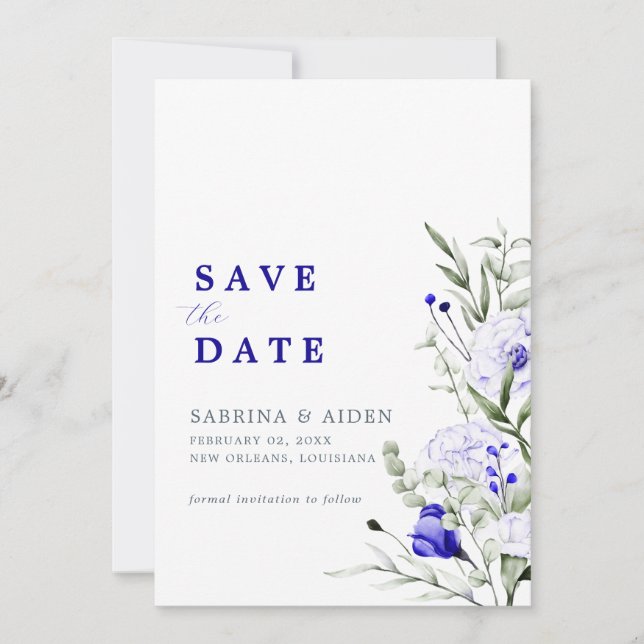 Save The Date Ombre Royal Blue Ivory Floral Mariage Photo (Devant)