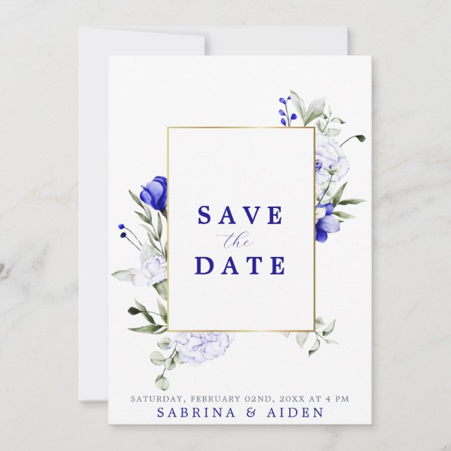 Save The Date Ombre Royal Blue Ivory Floral Mariage Photo (Devant)