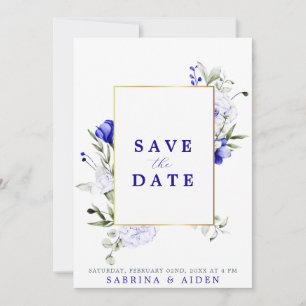 Save The Date Ombre Royal Blue Ivory Floral Mariage Photo
