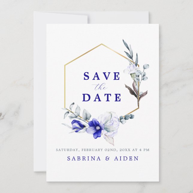 Save The Date Ombre Royal Blue Ivory Floral Mariage Photo (Devant)