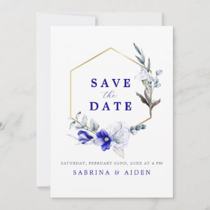 Save The Date Ombre Royal Blue Ivory Floral Mariage Photo