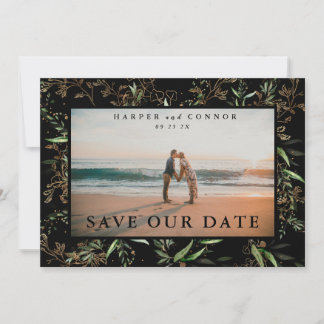 Save The Date Onyx Elegant Boho Golden Sage Eucalyptus Photo
