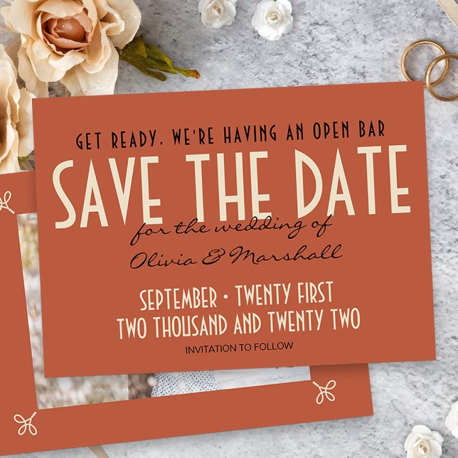 Save The Date Open Bar Art Déco Orange Photo (Vintage Orange Wedding Save the Date Card with photo)