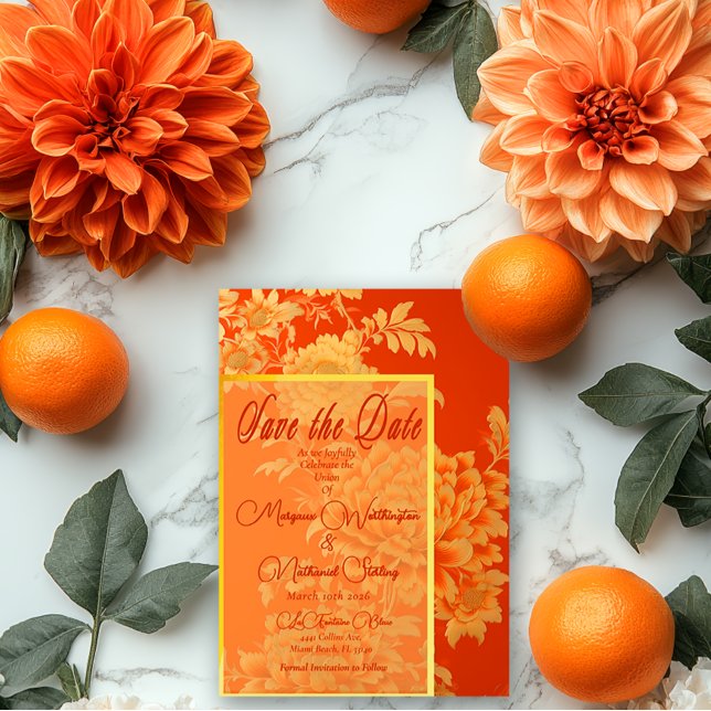 Save The Date Opulent Mandarin Orange Floral (Stunning Mandarin Orange Save the Date Wedding Card )