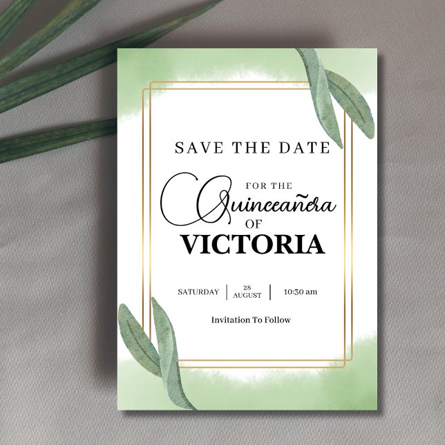 Save The Date or Aquarelle Sage papillon vert Quinceanera (Créateur téléchargé)