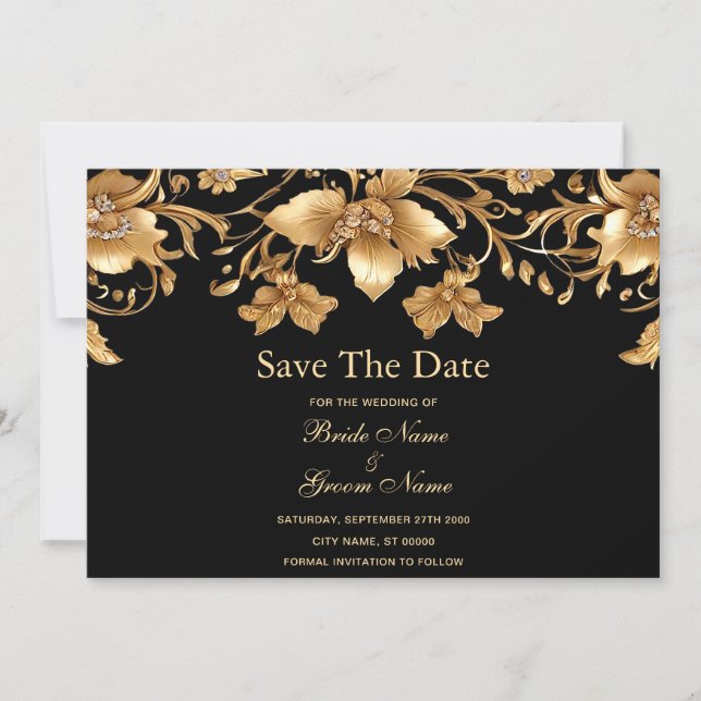 Save The Date Or Black Ornate Floral Enregistrer La Date (Devant)