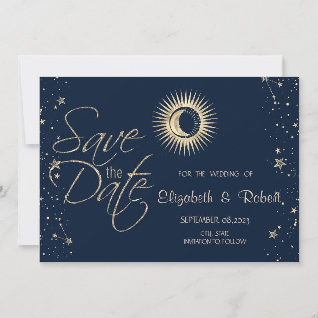 Save The Date Or Céleste Soleil Et Lune Étoiles (Devant)