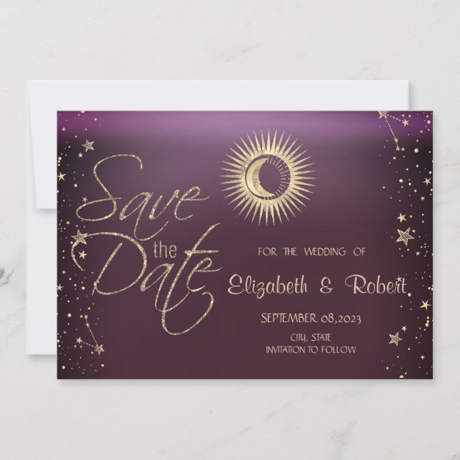 Save The Date Or Céleste Soleil Et Lune Étoiles Bourgogne (Devant)