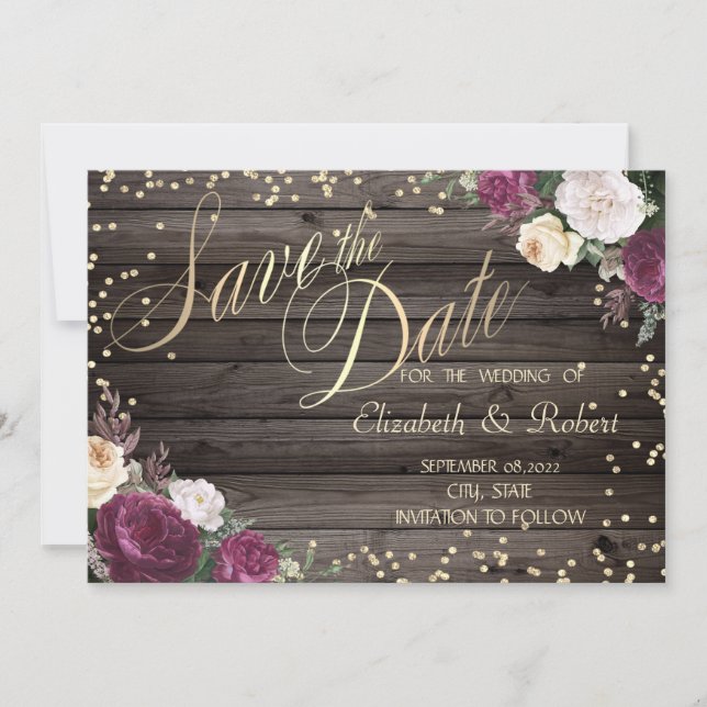 Save The Date Or Diamants Bourgogne Fleurs Bois (Devant)