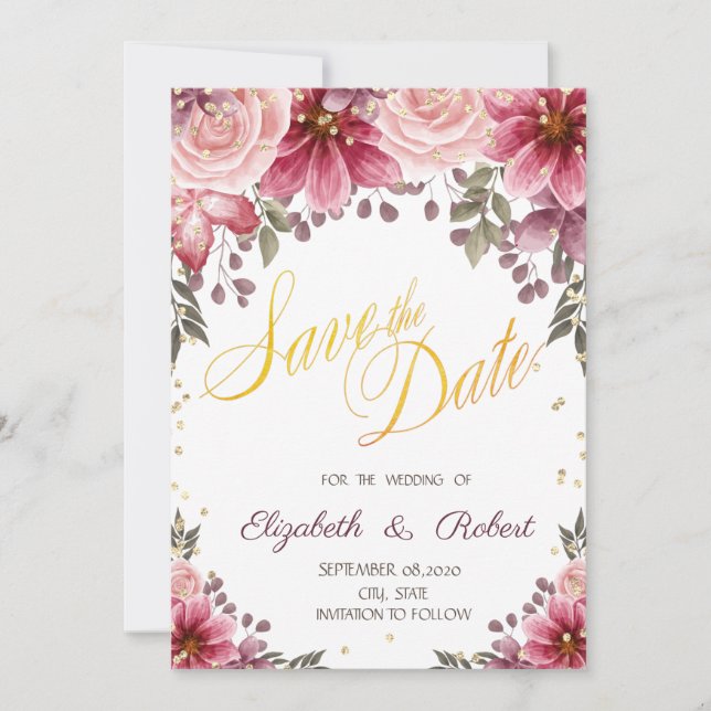Save The Date Or Diamants Floral Bourgogne Étape de Préparation  (Devant)