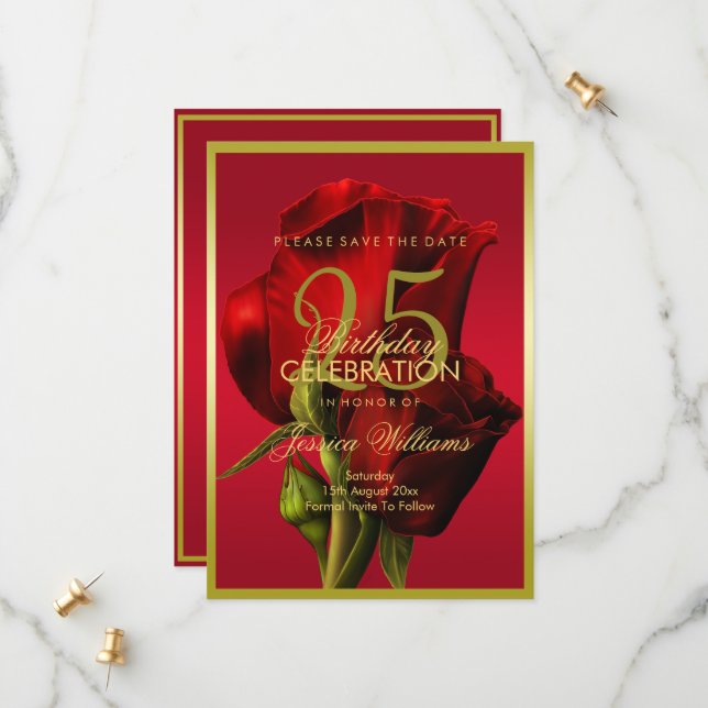 Save The Date Or encadré romantique Rose rouge Anniversaire (Devant/Arrière en situation)