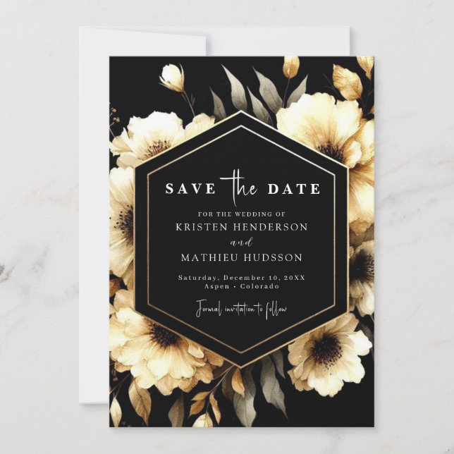 Save The Date Or floral rustique et Mariage noir (Devant)