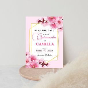 Save The Date Or rose géométrique Fleur de cerisier Quinceañera