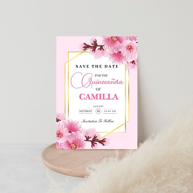 Save The Date Or rose géométrique Fleur de cerisier Quinceañera (Créateur téléchargé)