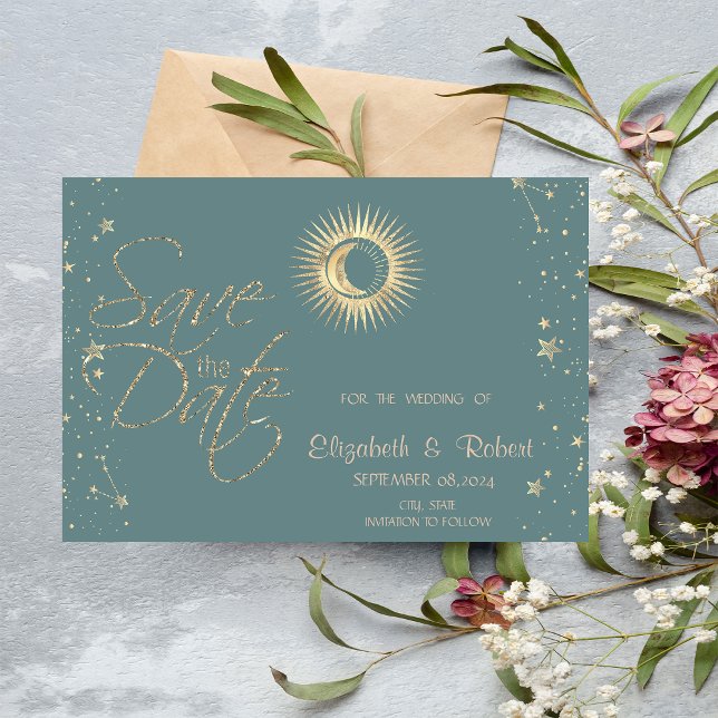 Save The Date Or Soleil Céleste Et Lune Étoiles Vert Menthe (Créateur téléchargé)