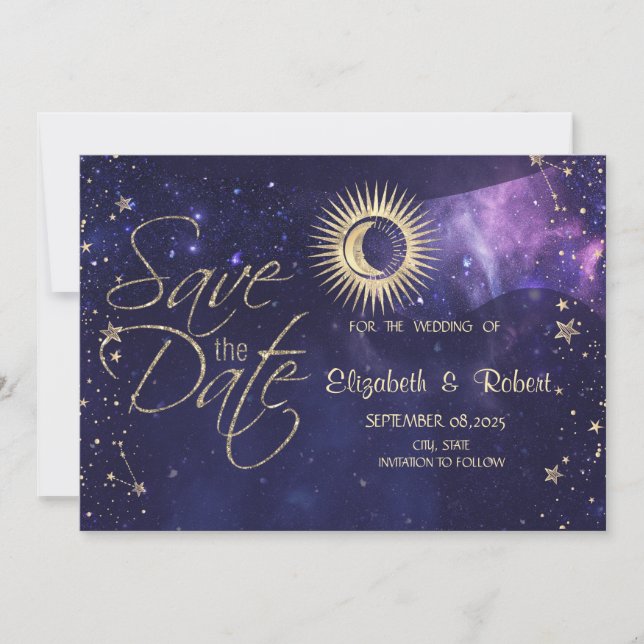 Save The Date Or Soleil Céleste, Lune, Étoiles Violet (Devant)