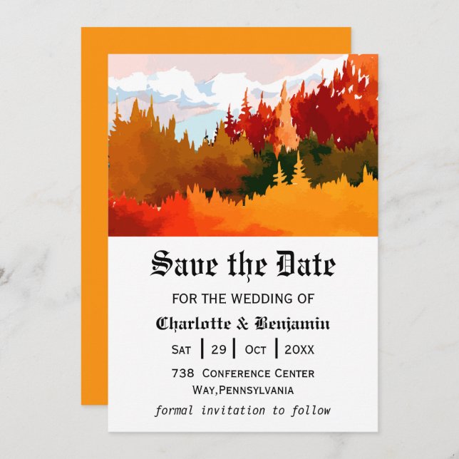 Save The Date Orange Aquarelle Paysage Automne Enregistrer La Da (Devant / Derrière)