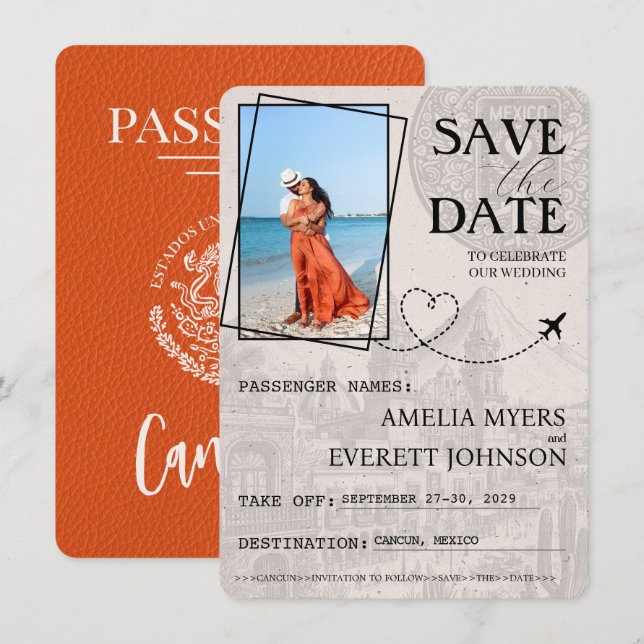 Save The Date Orange Cancun Passeport Enregistrer La Date (Devant / Derrière)