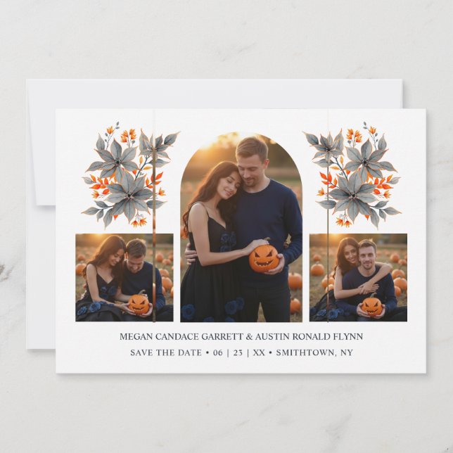 Save The Date Orange Climbing Arch Grey Bouquets 3-Photo Collage (Devant)