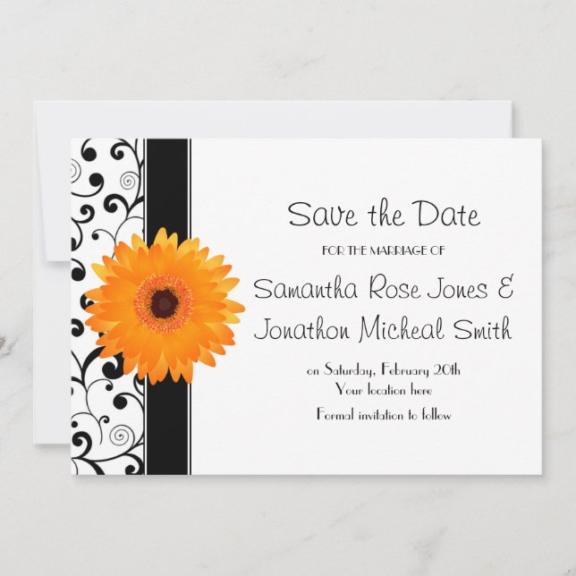 Save The Date Orange Gerbera Daisy Black Scroll Enregistrer la d (Devant)