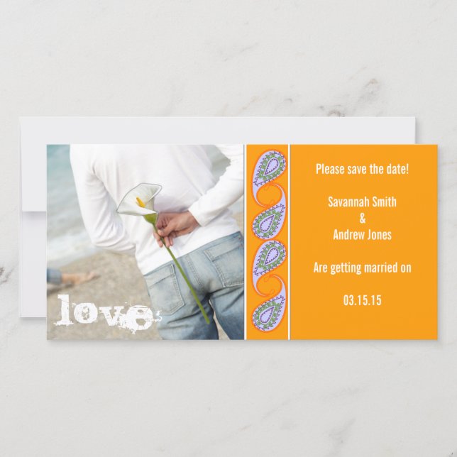 Save The Date Orange & Lavender Paisley Enregistrer la date (Devant)
