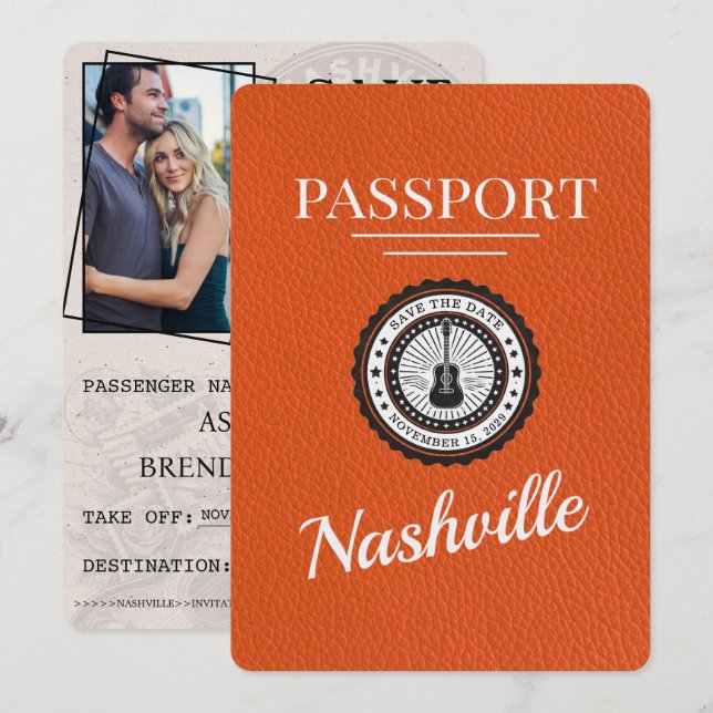 Save The Date Orange Nashville Passport Enregistrer La Date (Devant / Derrière)
