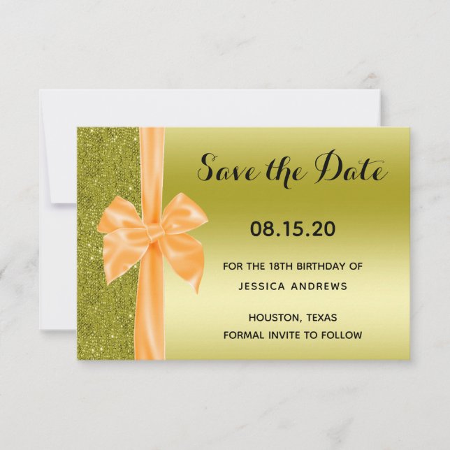 Save The Date Orange Silk Bow Gold Glitter 18th Birthday (Devant)