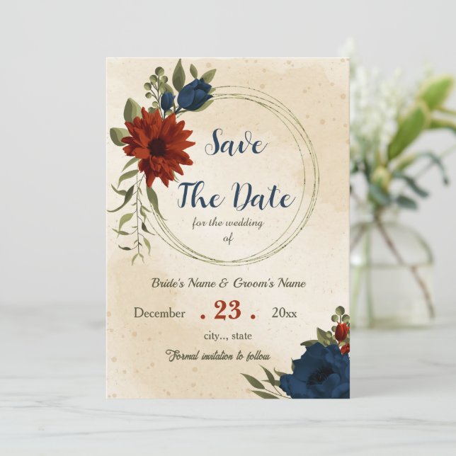Save The Date oranger brûlé fleurs de la marine botanique (Debout devant)