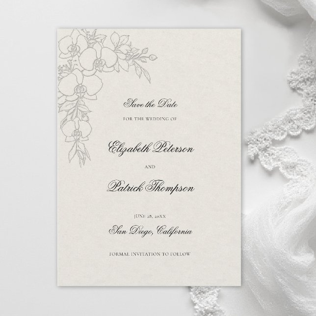 Save The Date Orchid Elevated Ecru Formal Traditional Wedding (orchid wedding save the date formal modern classic traditional black tie parents hosted ecru)
