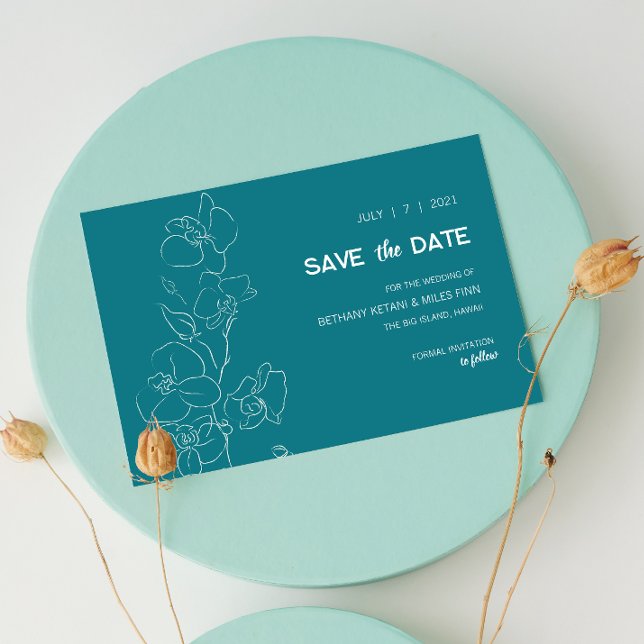 Save The Date Orchidée blanche ・ Tropical moderne Sauvez la date (White Orchid Save the Date with Teal Background)