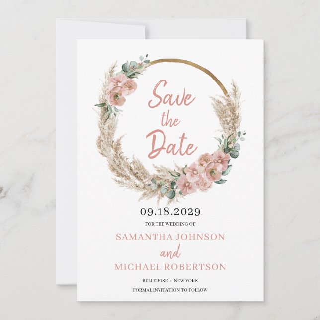 Save The Date Orchidée Rose de Pampas Grass Wreath Blush Eucalyp (Devant)