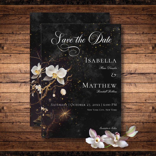 Save The Date Orchidées noires et blanches foncées Mariage (Dark Gothic Black & White Orchid Spells Wedding Save The Date Card)