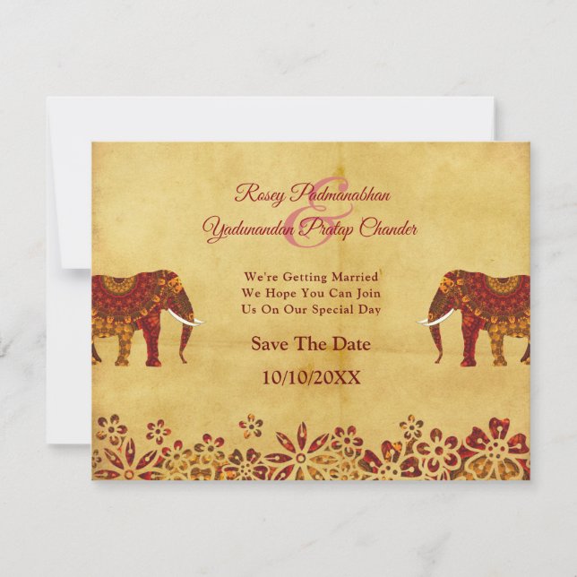 Save The Date Ornate Indian Elephant Rustic Enregistrer La Date (Devant)