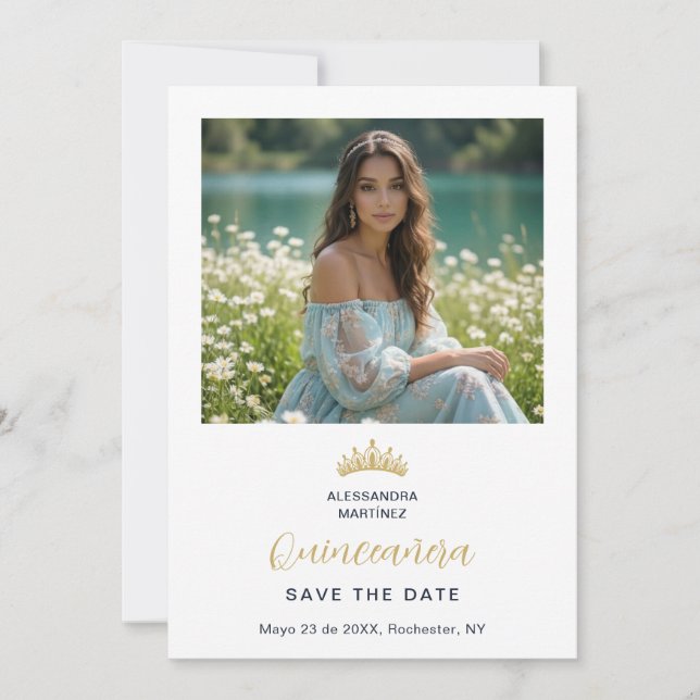 Save The Date Ornate Tiara Minimalist Quinceañera Photo Design (Devant)