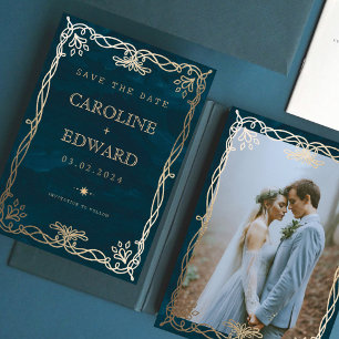 Save The Date Ornement Indigo Médiéval Mariage Golden Ivy