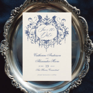 Save The Date Ornement Vintage Bleu Élégant Mariage