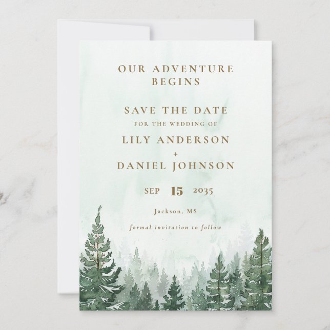 Save The Date Our Adventure Rustic Pine Tree Forest Wedding (Devant)