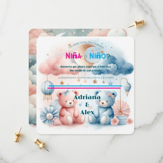 Save The Date Ours en peluche et étoiles Genre Révéler sur mesur (Devant/Arrière en situation)