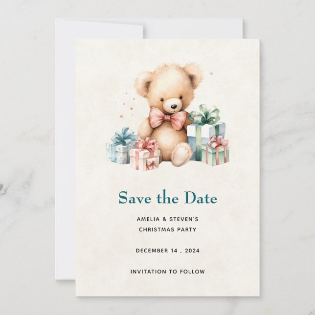 Save The Date Ours en peluche mignonne avec cadeaux de Noël (Devant)