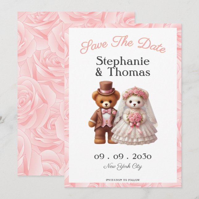 Save The Date Ours en peluche romantique mignon Marié et mariée  (Devant / Derrière)