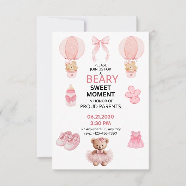 SAVE THE DATE OURSON EN TUTU ROSE 3X5 FILLE FÊTE DE NAISSANCE (Devant)