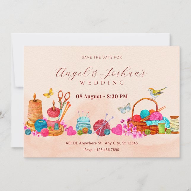 Save The Date Outils de couture art mariage aquarelle pêche (Devant)