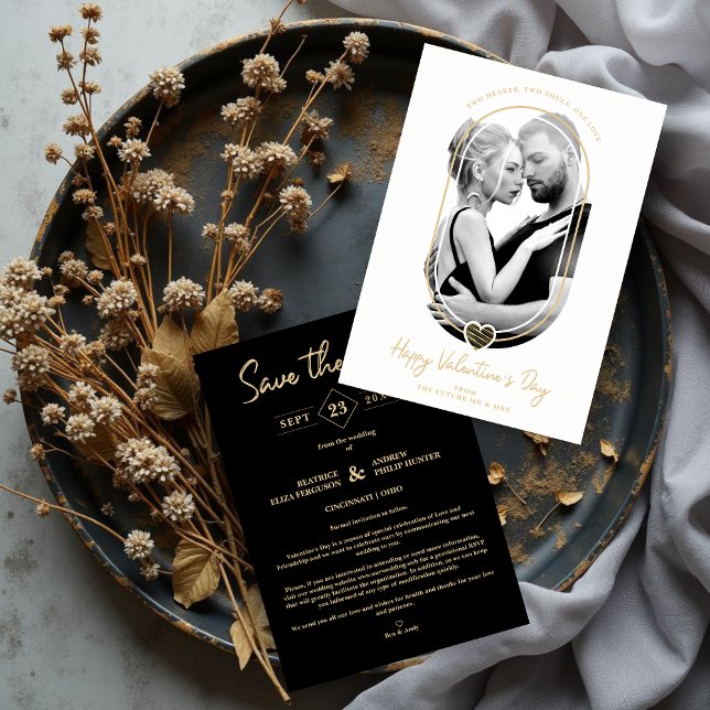 Save The Date Oval Effect Black Heart Happy Valentine's Day (Modern Oval Effect Black Heart Valentines Save the Date Photo Card with Envelope.)