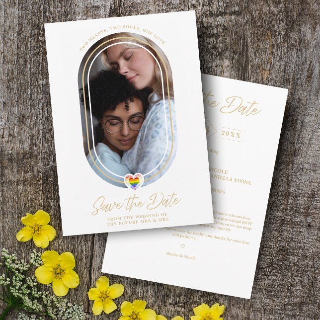 Save The Date Oval Effet Pride Coeur LGBT Lesbian Gay Mariage (Créateur téléchargé)