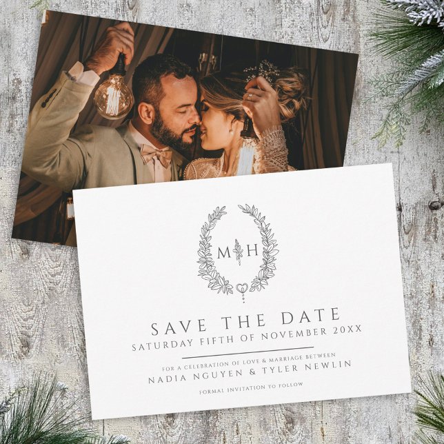 Save The Date Ovale du mariage photo feuille blanc gris (Créateur téléchargé)